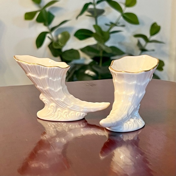 Lenox Cornucopia Mini Vases Set Of 2 Horn Of Plenty Porcelain Gold Rim 1990s 3” - Picture 2 of 9